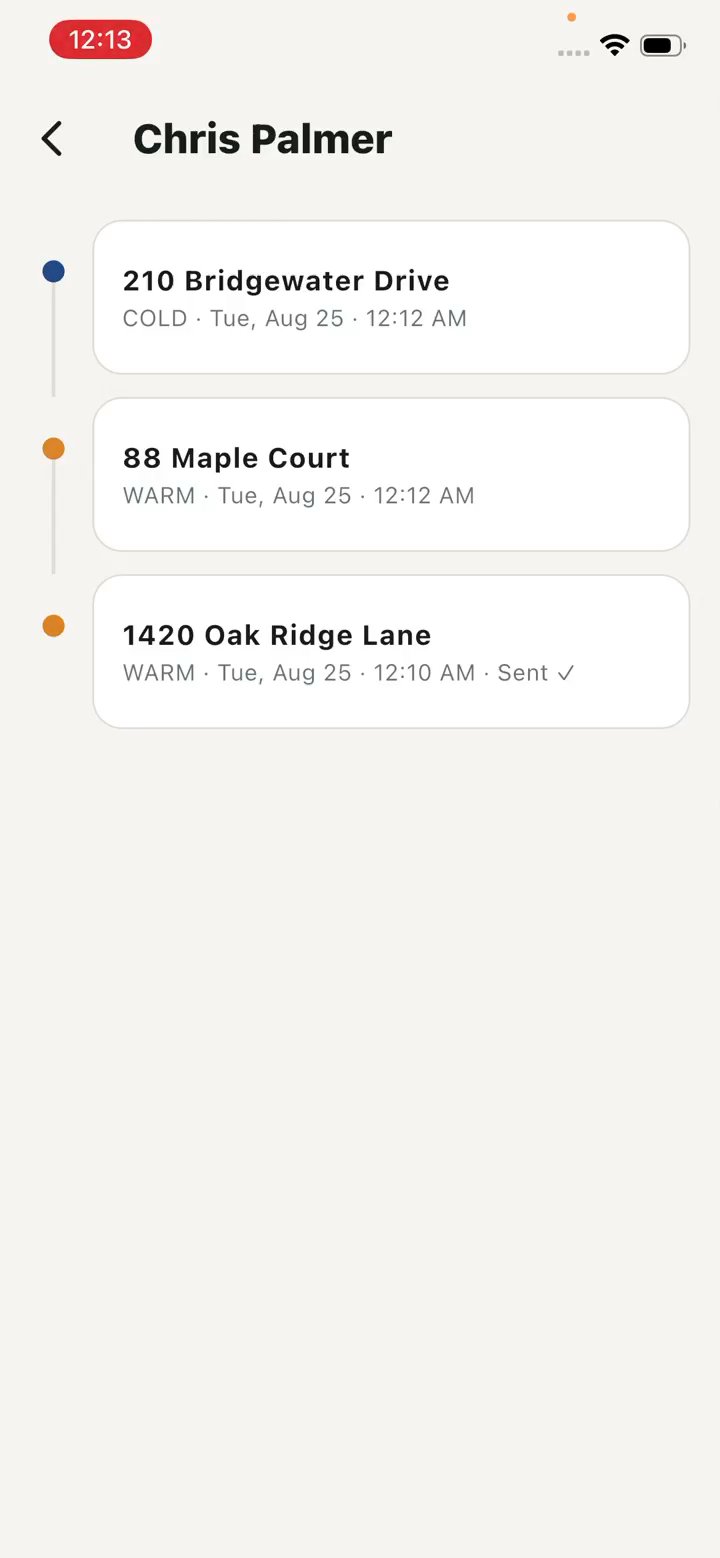 ShowingIQ client history: three showings for one client with reaction badges